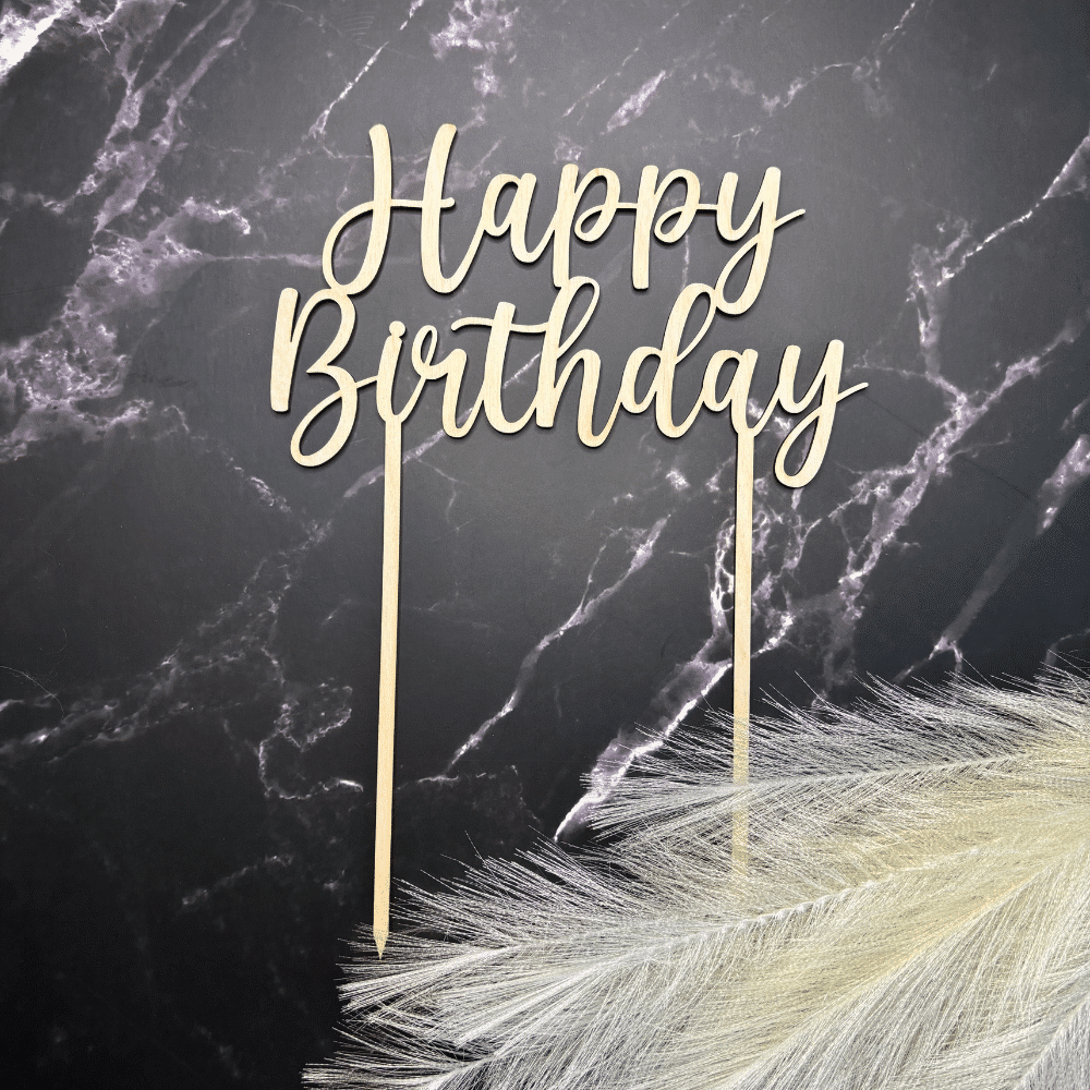 Caketopper Happy Birthday aus Naturholz – Geburtstagsdeko Caketopper „Happy Birthday“ aus Holz – elegante Tortendekoration