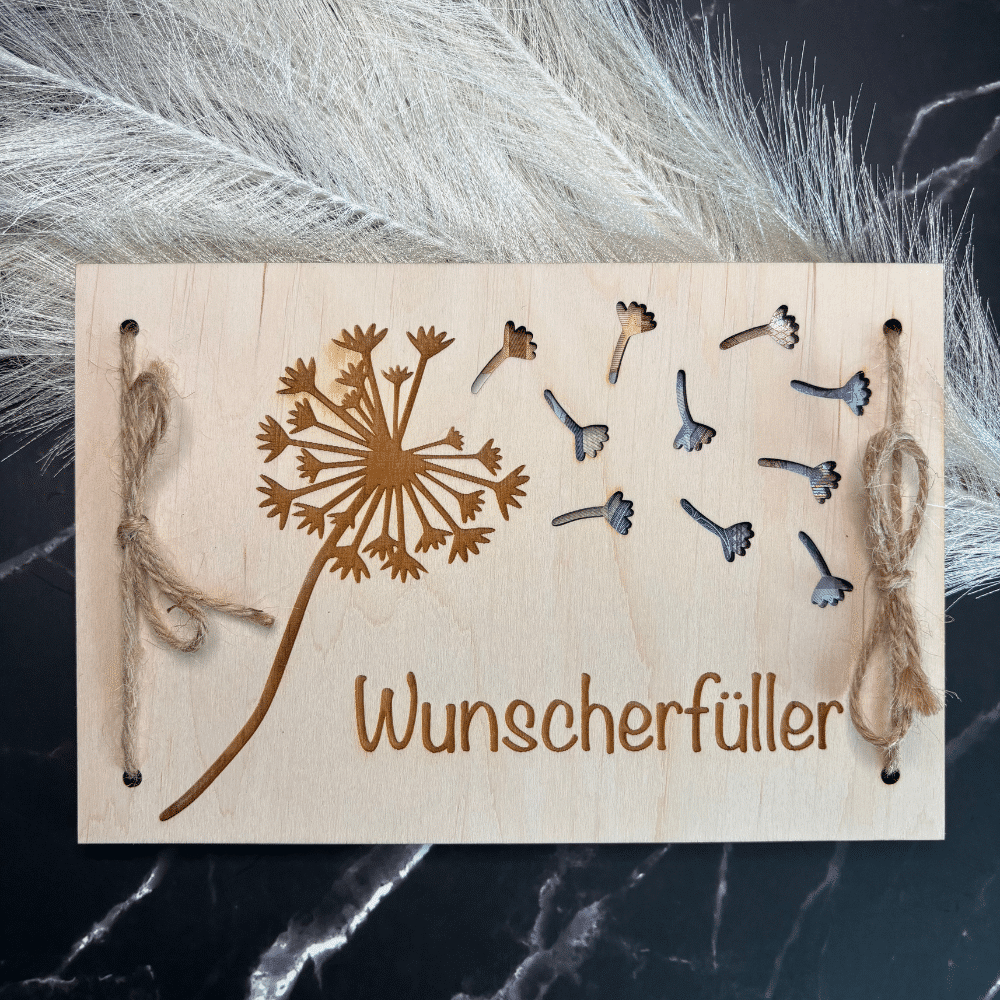 Geldgeschenk Wunscherfüller Pusteblume – personalisierbar Wunscherfüller aus Holz mit Pusteblumen-Gravur als kreatives Geldgeschenk