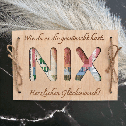 Wunscherfüller NIX – lustiges Geldgeschenk aus Holz