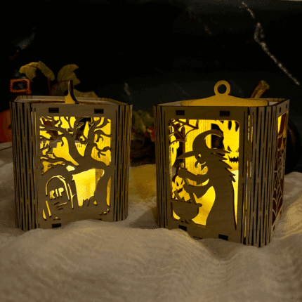 LED Laterne Halloween aus Holz mit Kürbis- & Fledermaus-Motiven