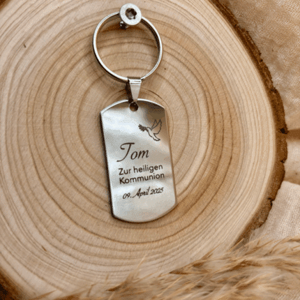Edelstahl Anhänger Kommunion mit Taube, Name & Datum