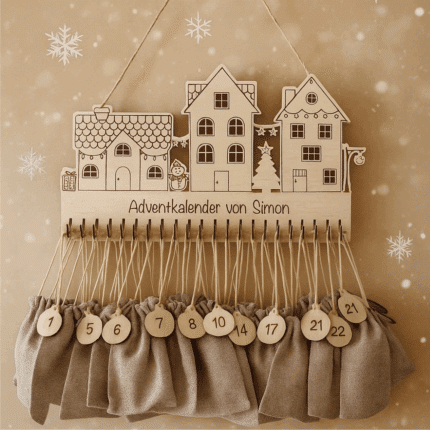 Adventkalender aus Holz mit 24 Jutesäckchen