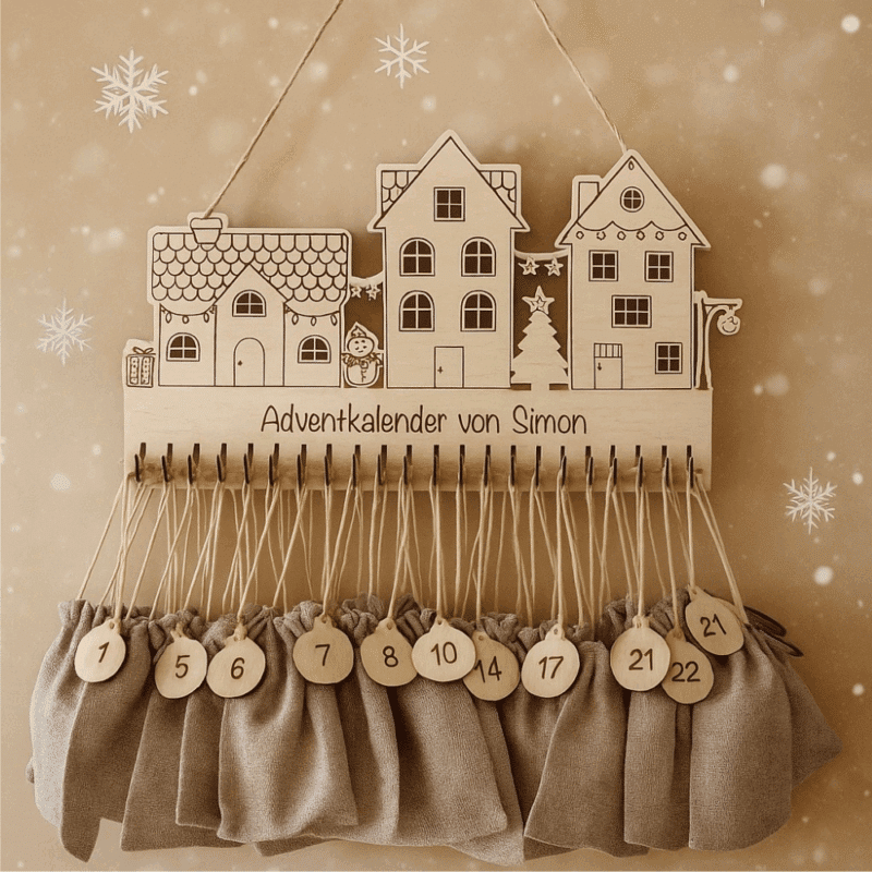 Adventkalender aus Holz mit 24 Jutesäckchen