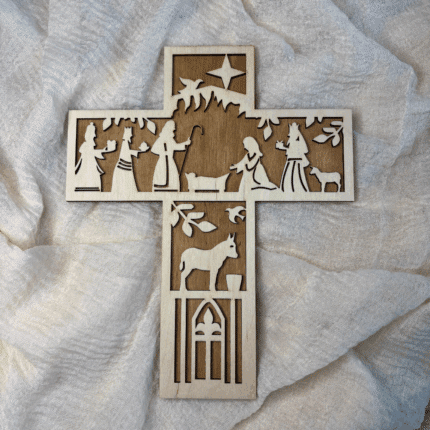 Kreuz Bethlehem aus Holz mit Nusslasur Rückseite
