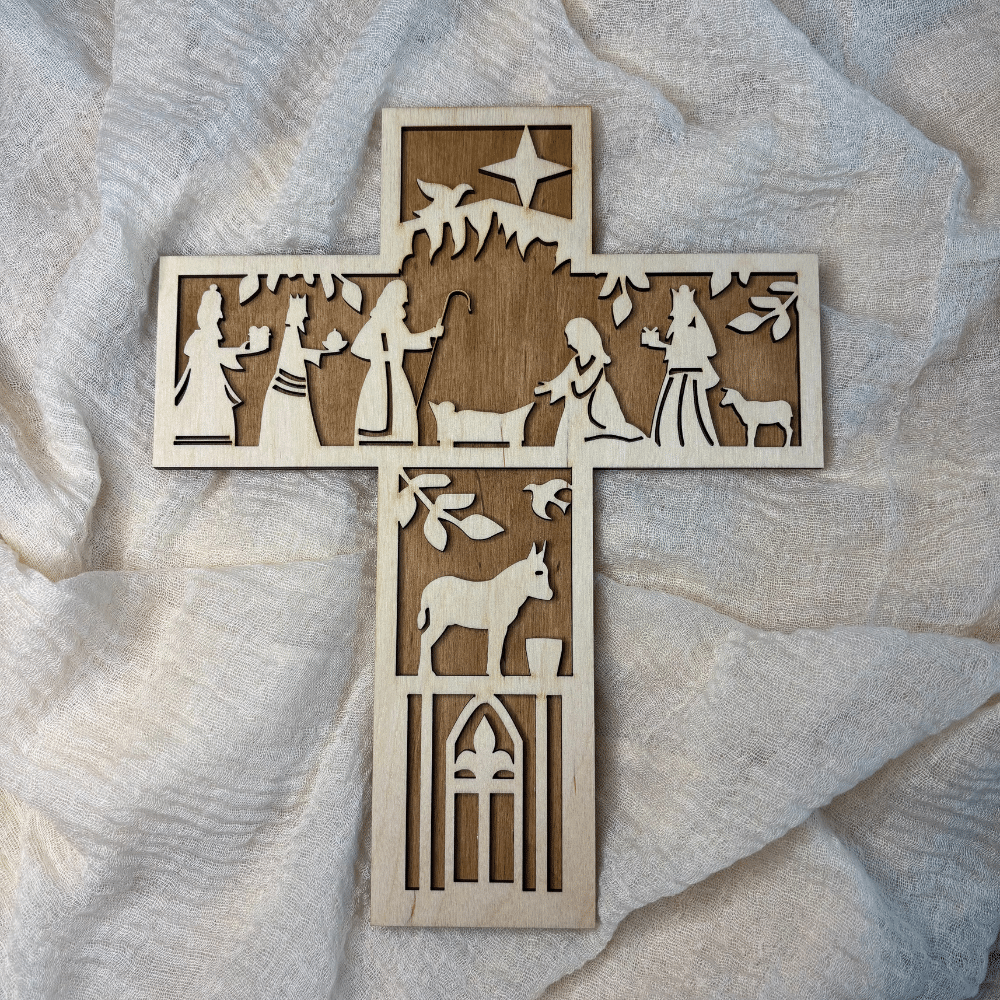 Bethlehem Kreuz aus Holz mit Nusslasur Kreuz Bethlehem aus Holz mit Nusslasur Rückseite