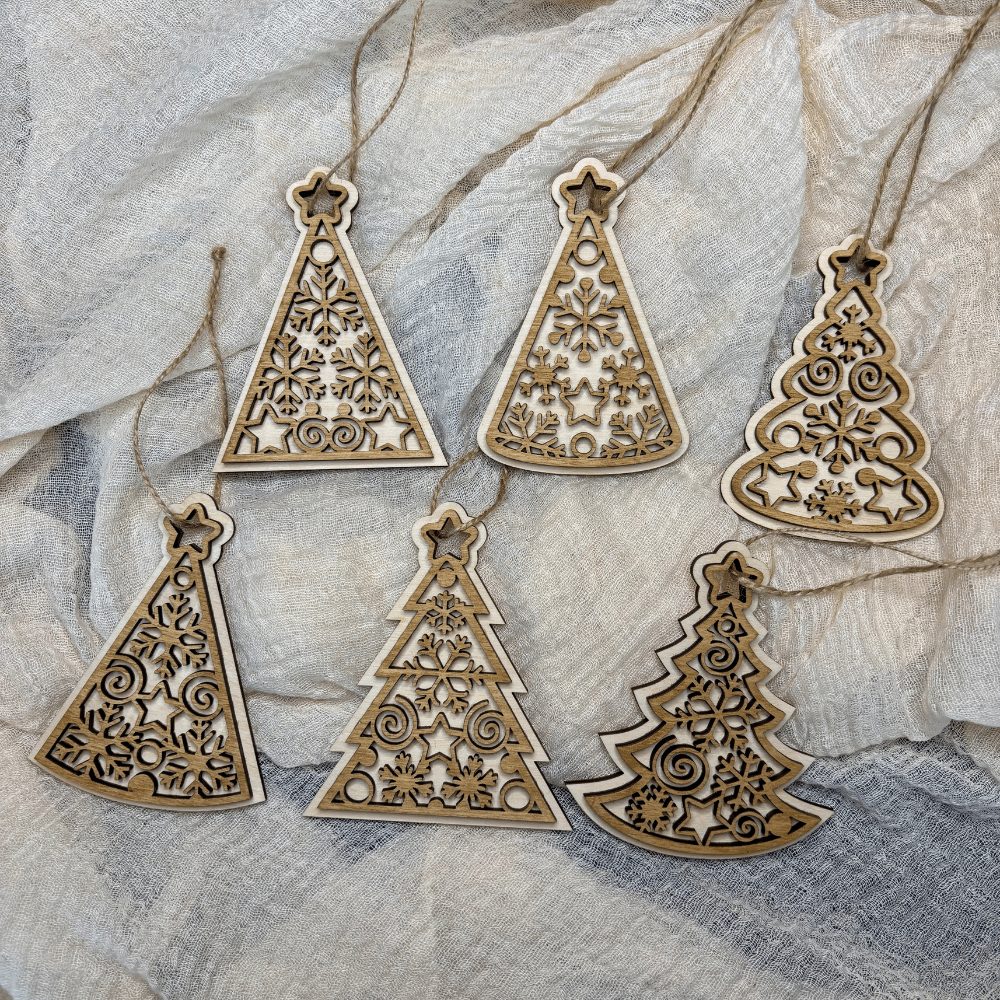 Weihnachtsornamente Holz – Nussoptik Vorderseite Holz Weihnachtsornamente 6er Set mit Nussoptik
