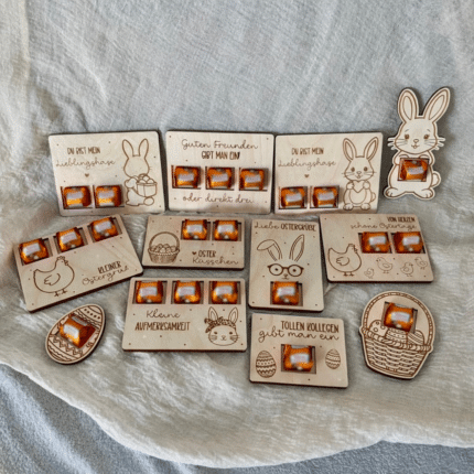 Ostergrüße Holztafeln mit Platz für Schokoladenstücke